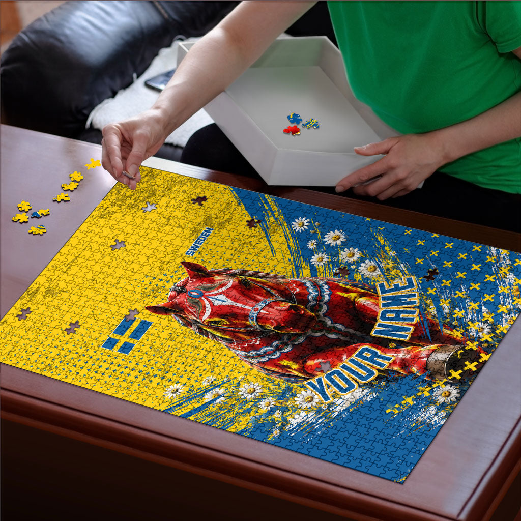 Personalized Sweden Dala Horse Soccer Puzzle Grunge Swedish Flag Cheering Fans Floral