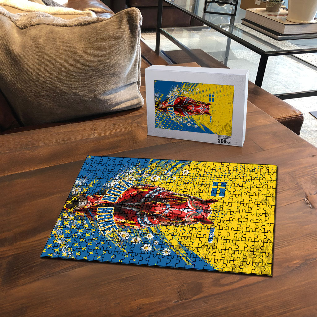 Personalized Sweden Dala Horse Soccer Puzzle Grunge Swedish Flag Cheering Fans Floral