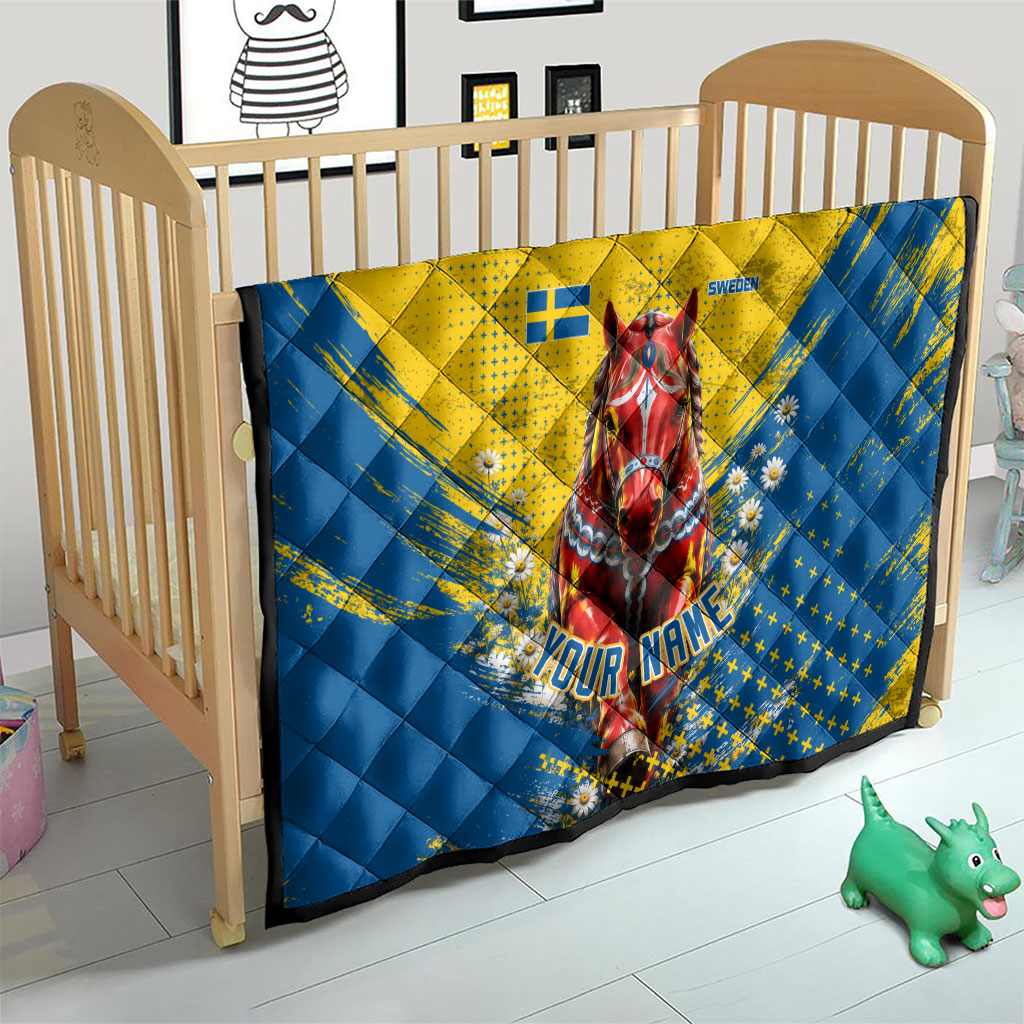 Personalized Sweden Dala Horse Soccer Quilt Grunge Swedish Flag Cheering Fans Floral