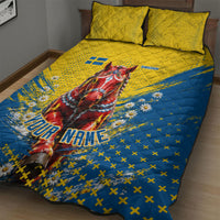 Personalized Sweden Dala Horse Soccer Quilt Bed Set Grunge Swedish Flag Cheering Fans Floral