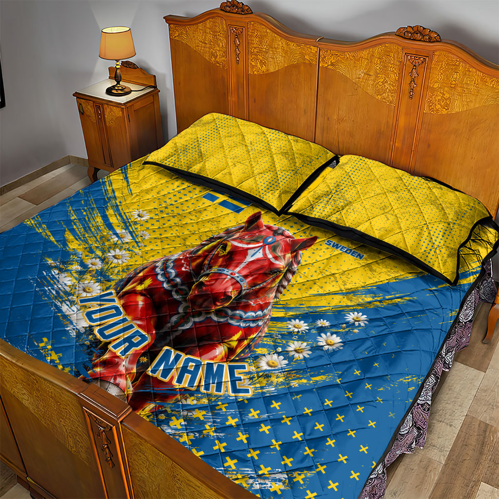 Personalized Sweden Dala Horse Soccer Quilt Bed Set Grunge Swedish Flag Cheering Fans Floral