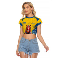 Personalized Sweden Dala Horse Soccer Raglan Cropped T Shirt Grunge Swedish Flag Cheering Fans Floral