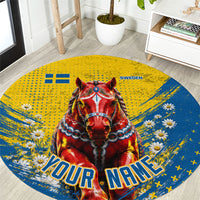 Personalized Sweden Dala Horse Soccer Round Carpet Grunge Swedish Flag Cheering Fans Floral