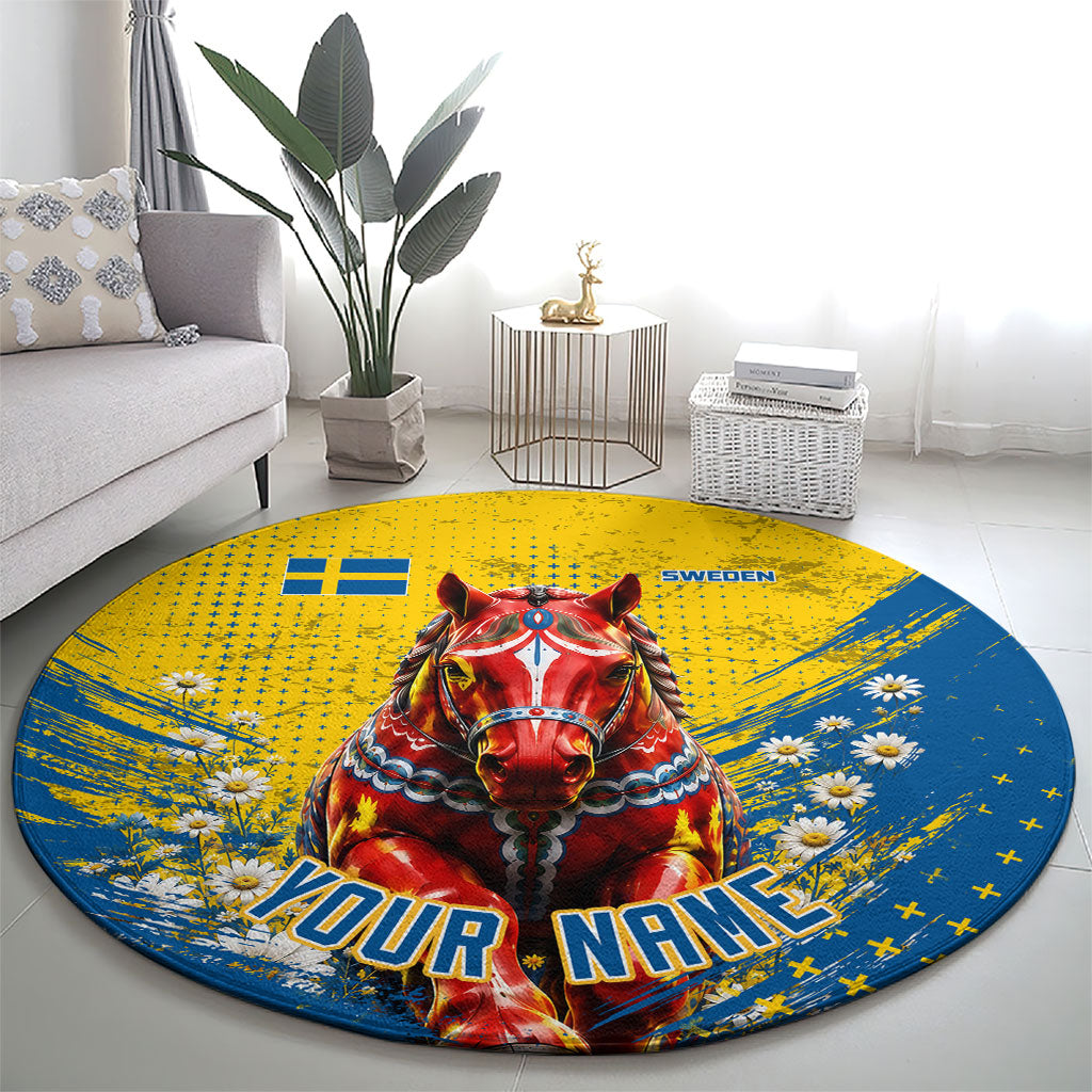 Personalized Sweden Dala Horse Soccer Round Carpet Grunge Swedish Flag Cheering Fans Floral