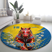 Personalized Sweden Dala Horse Soccer Round Carpet Grunge Swedish Flag Cheering Fans Floral