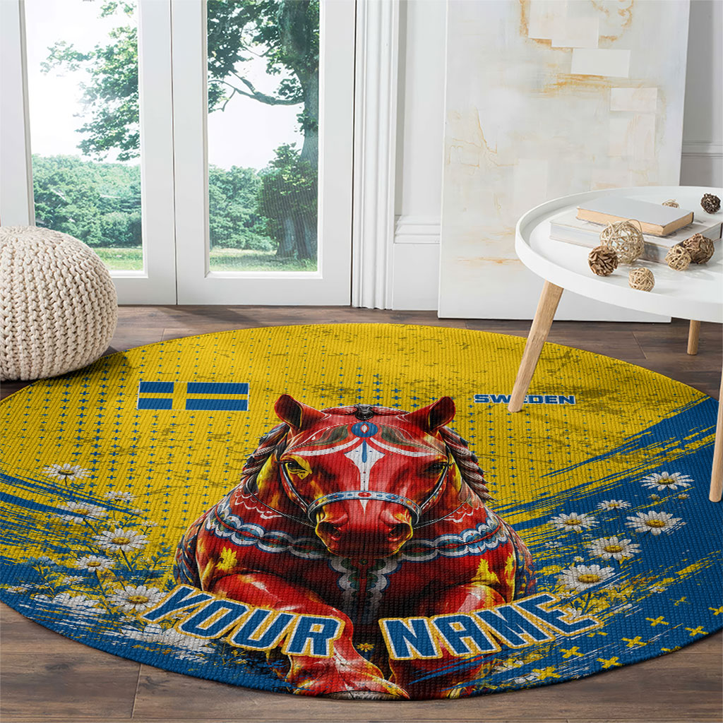 Personalized Sweden Dala Horse Soccer Round Carpet Grunge Swedish Flag Cheering Fans Floral