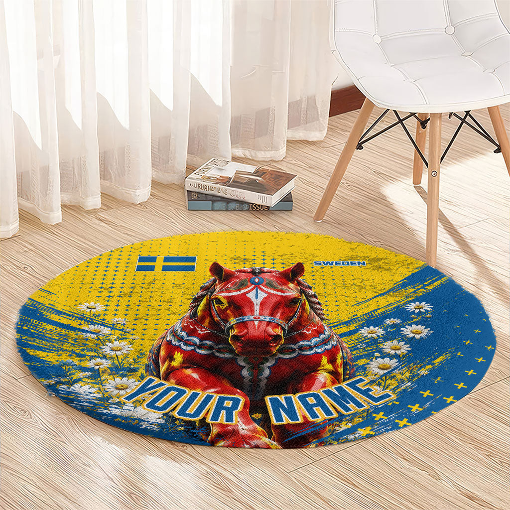 Personalized Sweden Dala Horse Soccer Round Carpet Grunge Swedish Flag Cheering Fans Floral