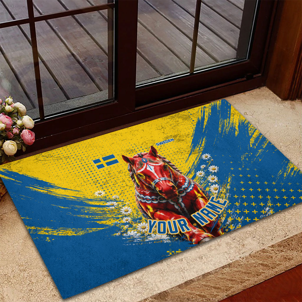 Personalized Sweden Dala Horse Soccer Rubber Doormat Grunge Swedish Flag Cheering Fans Floral
