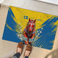 Personalized Sweden Dala Horse Soccer Rubber Doormat Grunge Swedish Flag Cheering Fans Floral