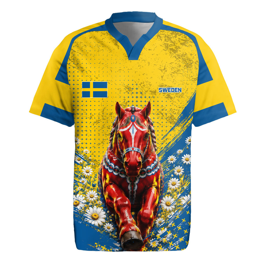 Personalized Sweden Dala Horse Soccer Rugby Jersey Grunge Swedish Flag Cheering Fans Floral