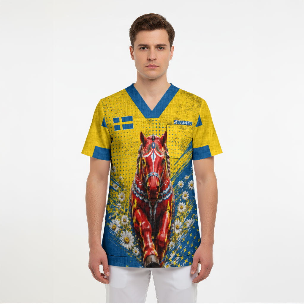Personalized Sweden Dala Horse Soccer Scrub Top Grunge Swedish Flag Cheering Fans Floral