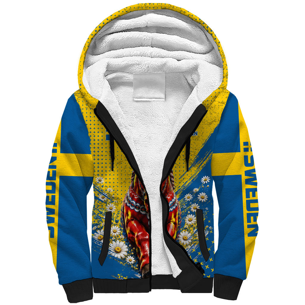 Personalized Sweden Dala Horse Soccer Sherpa Hoodie Grunge Swedish Flag Cheering Fans Floral