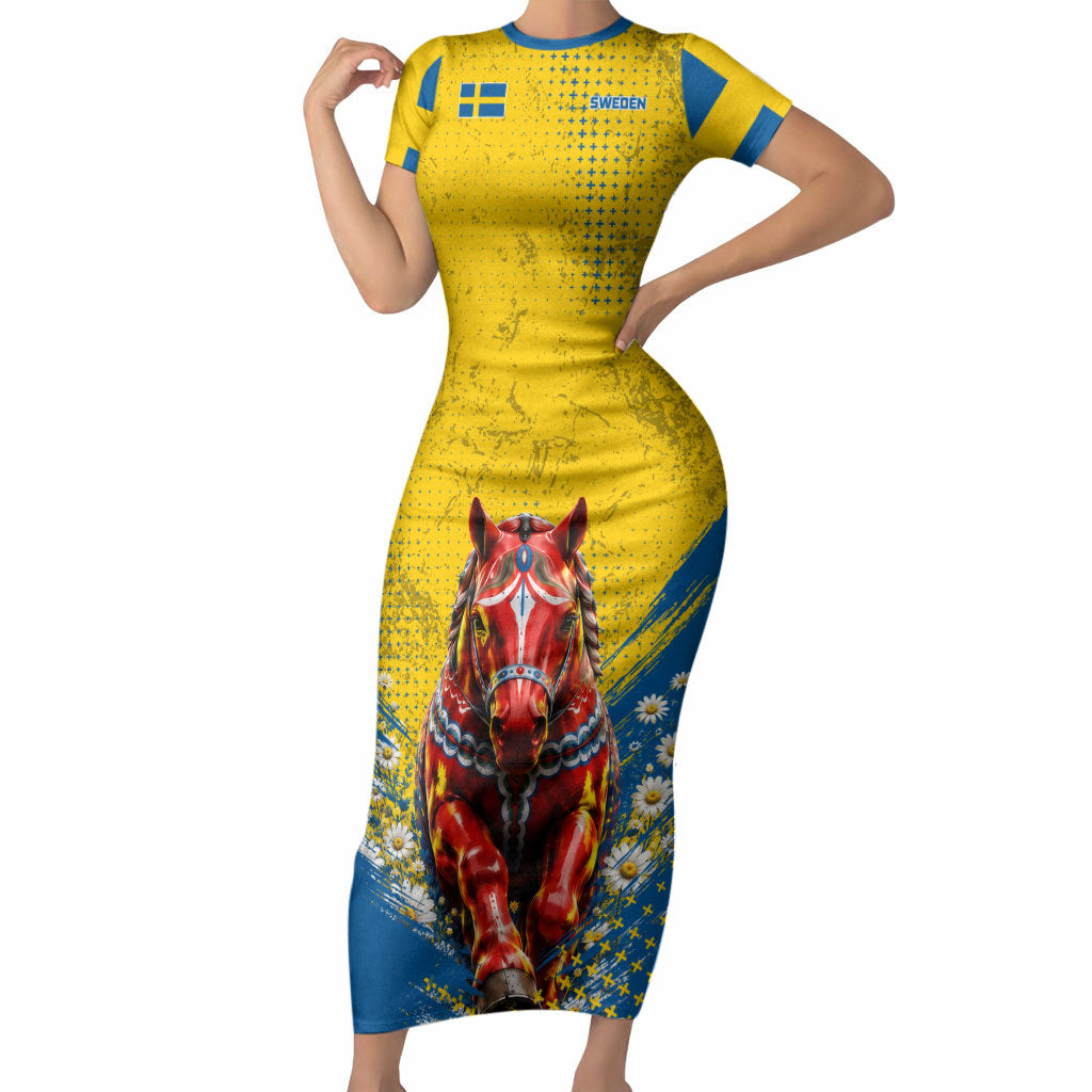 Personalized Sweden Dala Horse Soccer Short Sleeve Bodycon Dress Grunge Swedish Flag Cheering Fans Floral