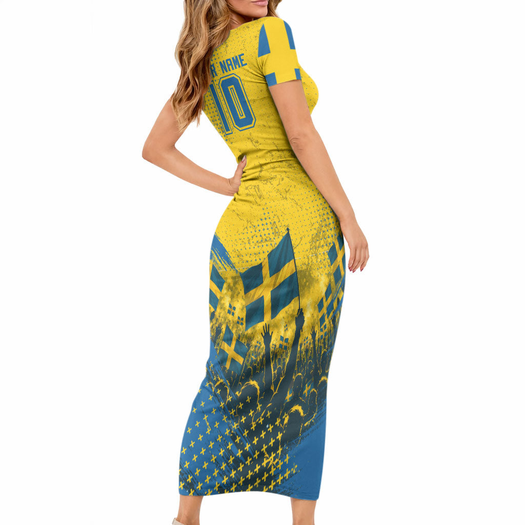 Personalized Sweden Dala Horse Soccer Short Sleeve Bodycon Dress Grunge Swedish Flag Cheering Fans Floral