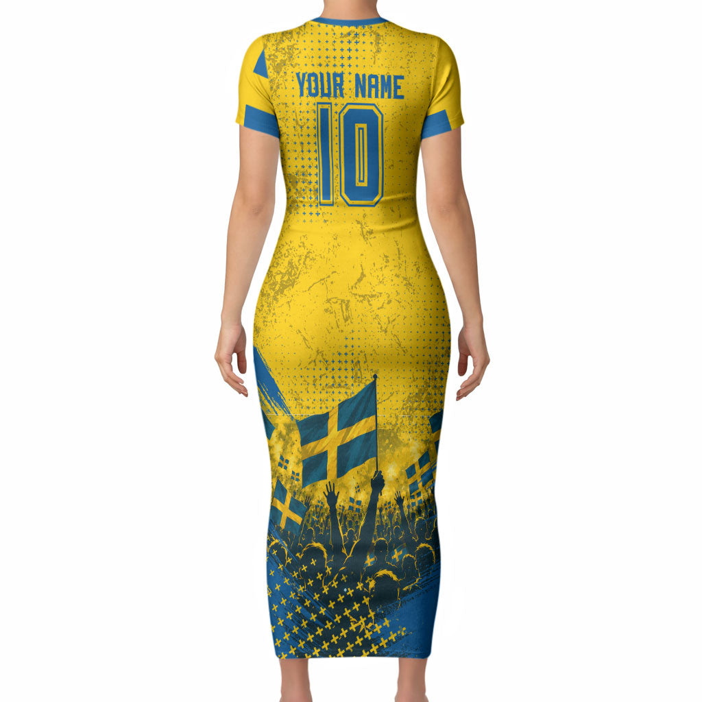 Personalized Sweden Dala Horse Soccer Short Sleeve Bodycon Dress Grunge Swedish Flag Cheering Fans Floral