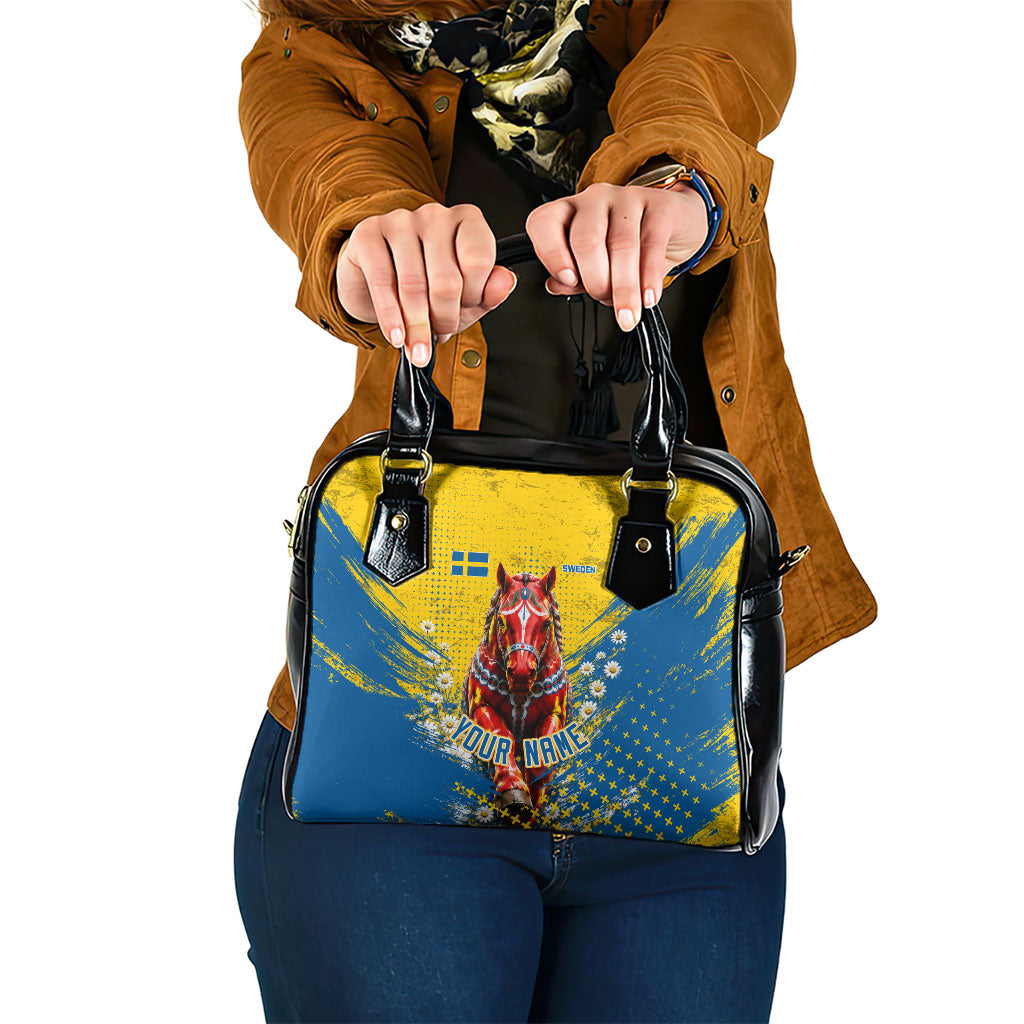Personalized Sweden Dala Horse Soccer Shoulder Handbag Grunge Swedish Flag Cheering Fans Floral