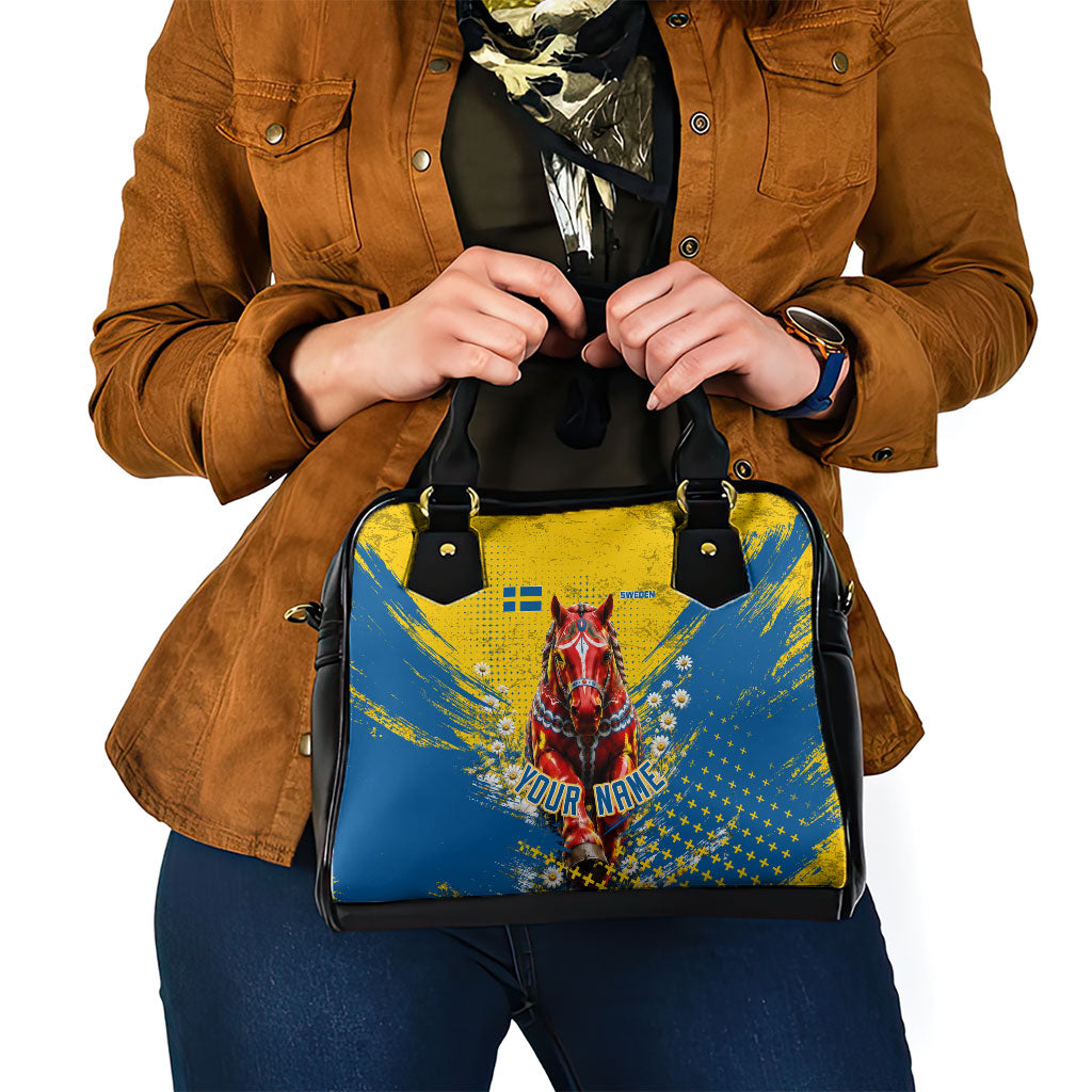Personalized Sweden Dala Horse Soccer Shoulder Handbag Grunge Swedish Flag Cheering Fans Floral