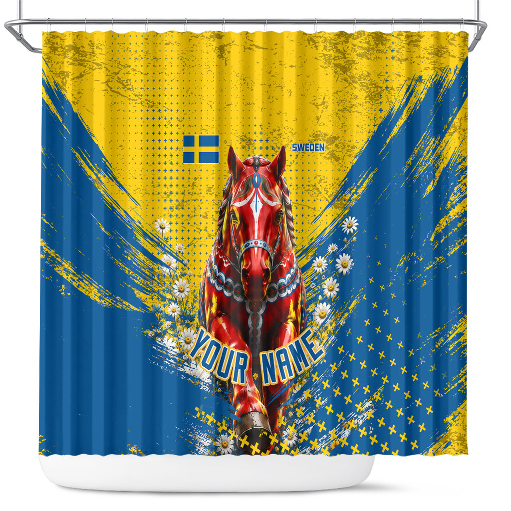 Personalized Sweden Dala Horse Soccer Shower Curtain Grunge Swedish Flag Cheering Fans Floral