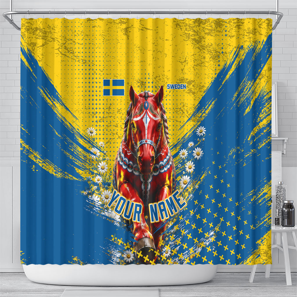 Personalized Sweden Dala Horse Soccer Shower Curtain Grunge Swedish Flag Cheering Fans Floral