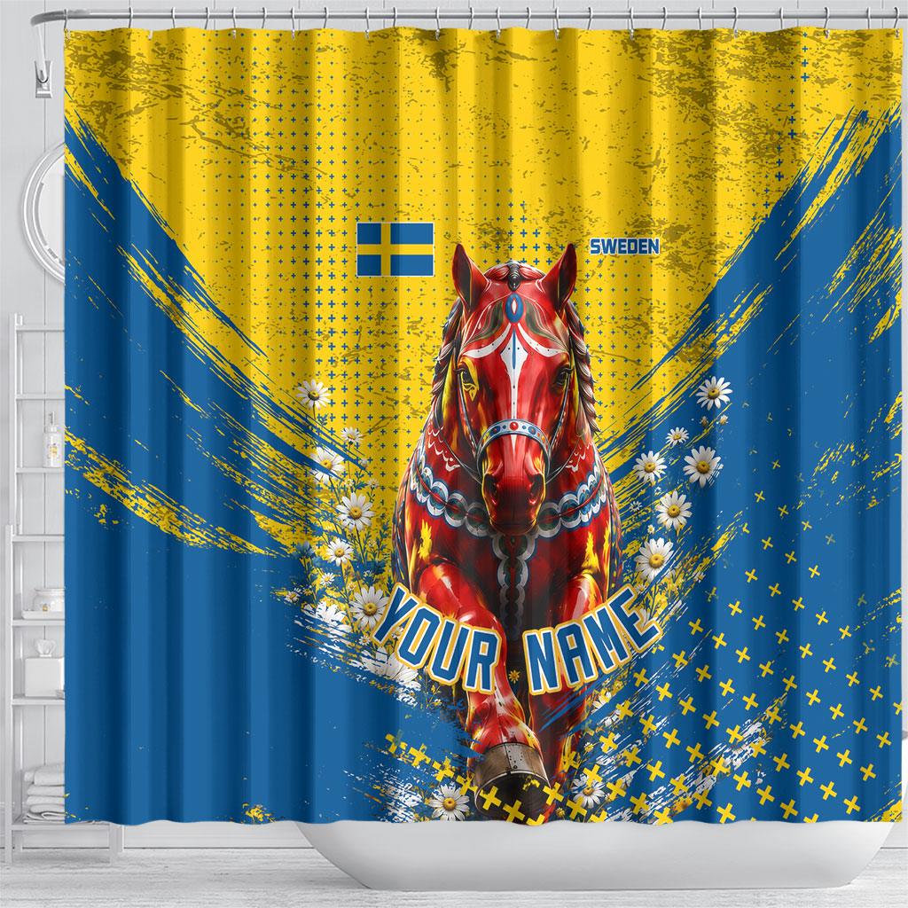 Personalized Sweden Dala Horse Soccer Shower Curtain Grunge Swedish Flag Cheering Fans Floral