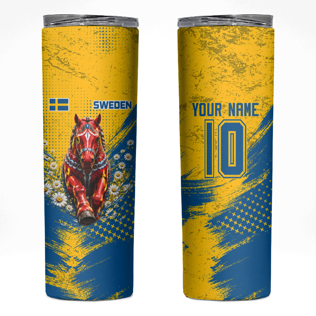 Personalized Sweden Dala Horse Soccer Skinny Tumbler Grunge Swedish Flag Cheering Fans Floral