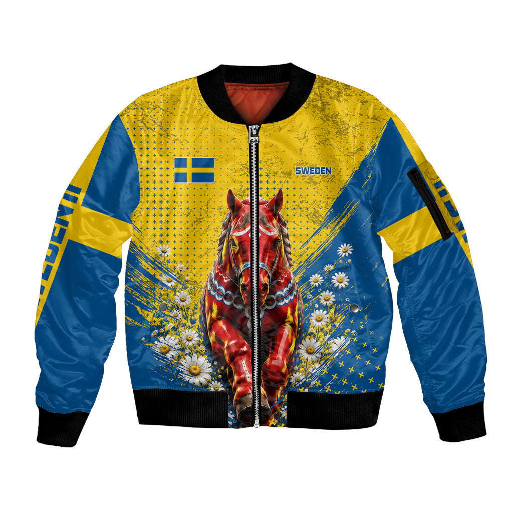 Personalized Sweden Dala Horse Soccer Sleeve Zip Bomber Jacket Grunge Swedish Flag Cheering Fans Floral