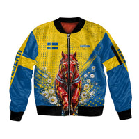 Personalized Sweden Dala Horse Soccer Sleeve Zip Bomber Jacket Grunge Swedish Flag Cheering Fans Floral