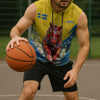Personalized Sweden Dala Horse Soccer Sleeveless Hoodie Grunge Swedish Flag Cheering Fans Floral