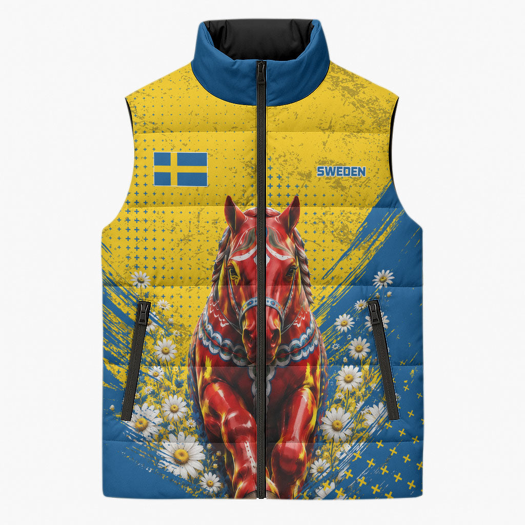 Personalized Sweden Dala Horse Soccer Sleeveless Puffer Jacket Grunge Swedish Flag Cheering Fans Floral