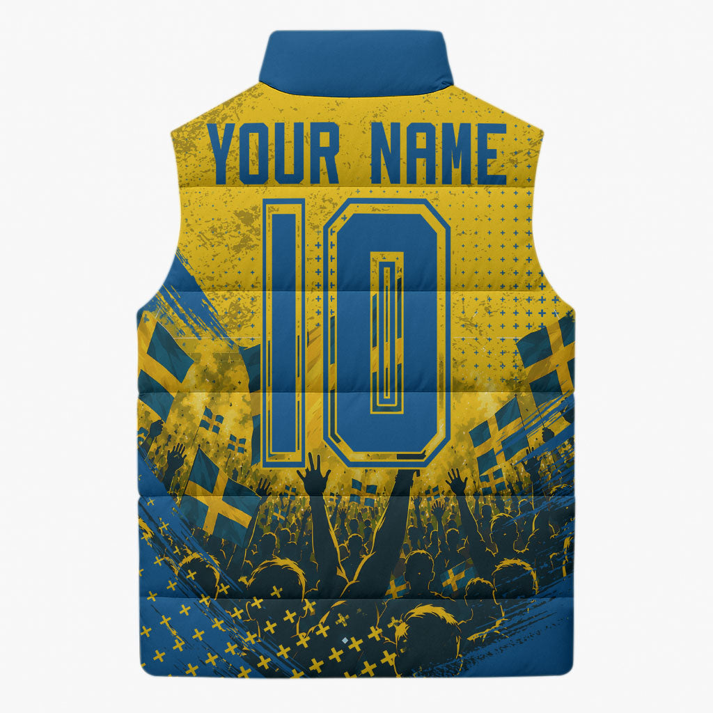 Personalized Sweden Dala Horse Soccer Sleeveless Puffer Jacket Grunge Swedish Flag Cheering Fans Floral