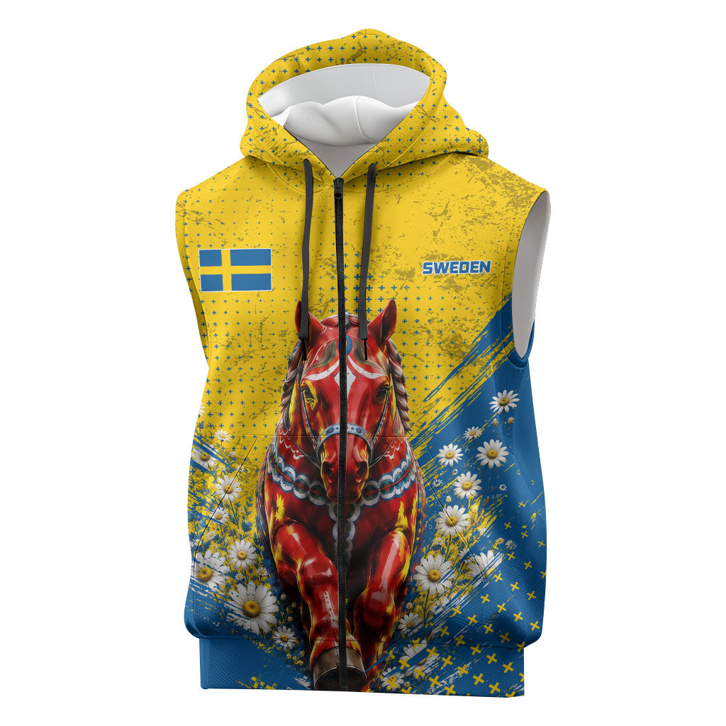 Personalized Sweden Dala Horse Soccer Sleeveless Zip Hoodie Grunge Swedish Flag Cheering Fans Floral