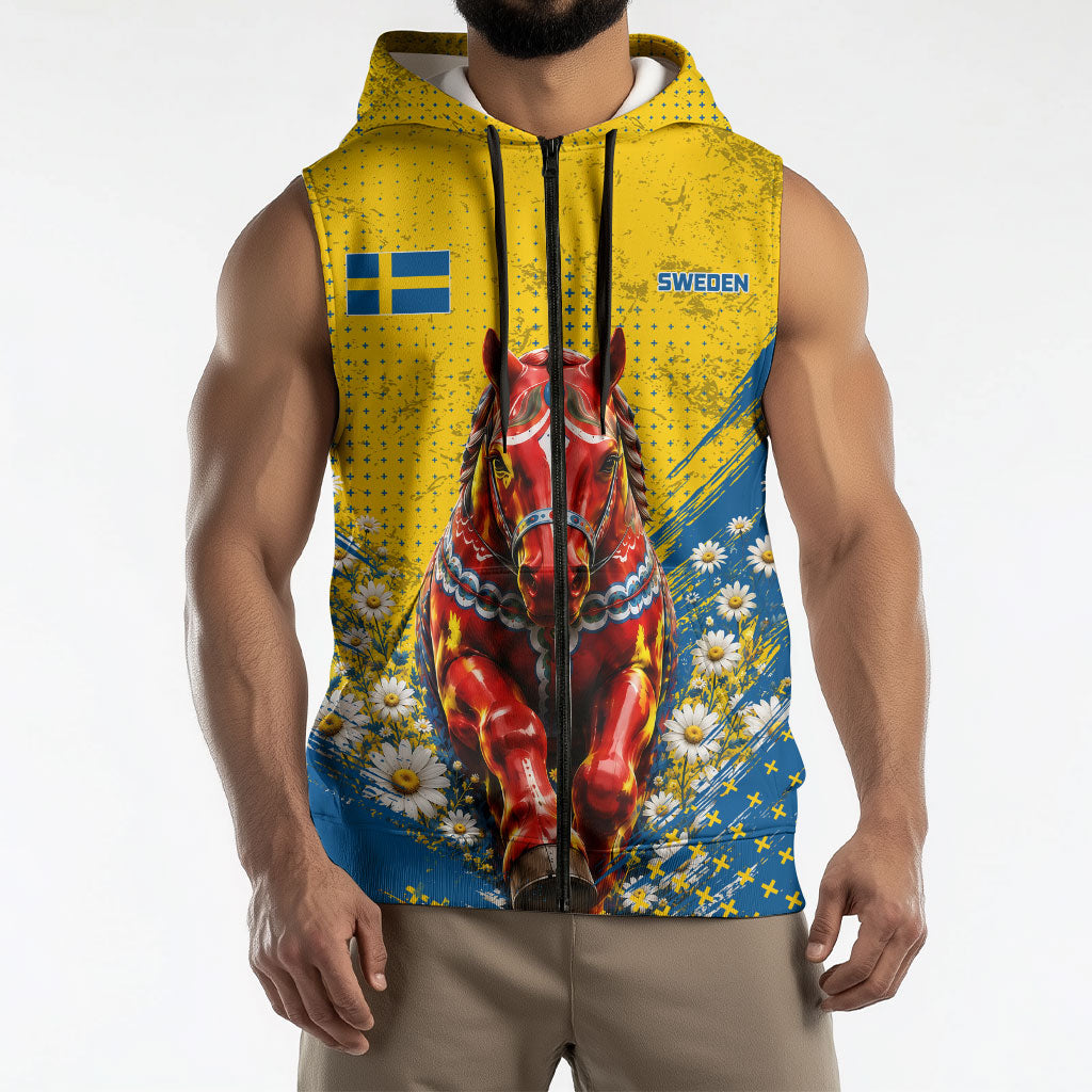 Personalized Sweden Dala Horse Soccer Sleeveless Zip Hoodie Grunge Swedish Flag Cheering Fans Floral
