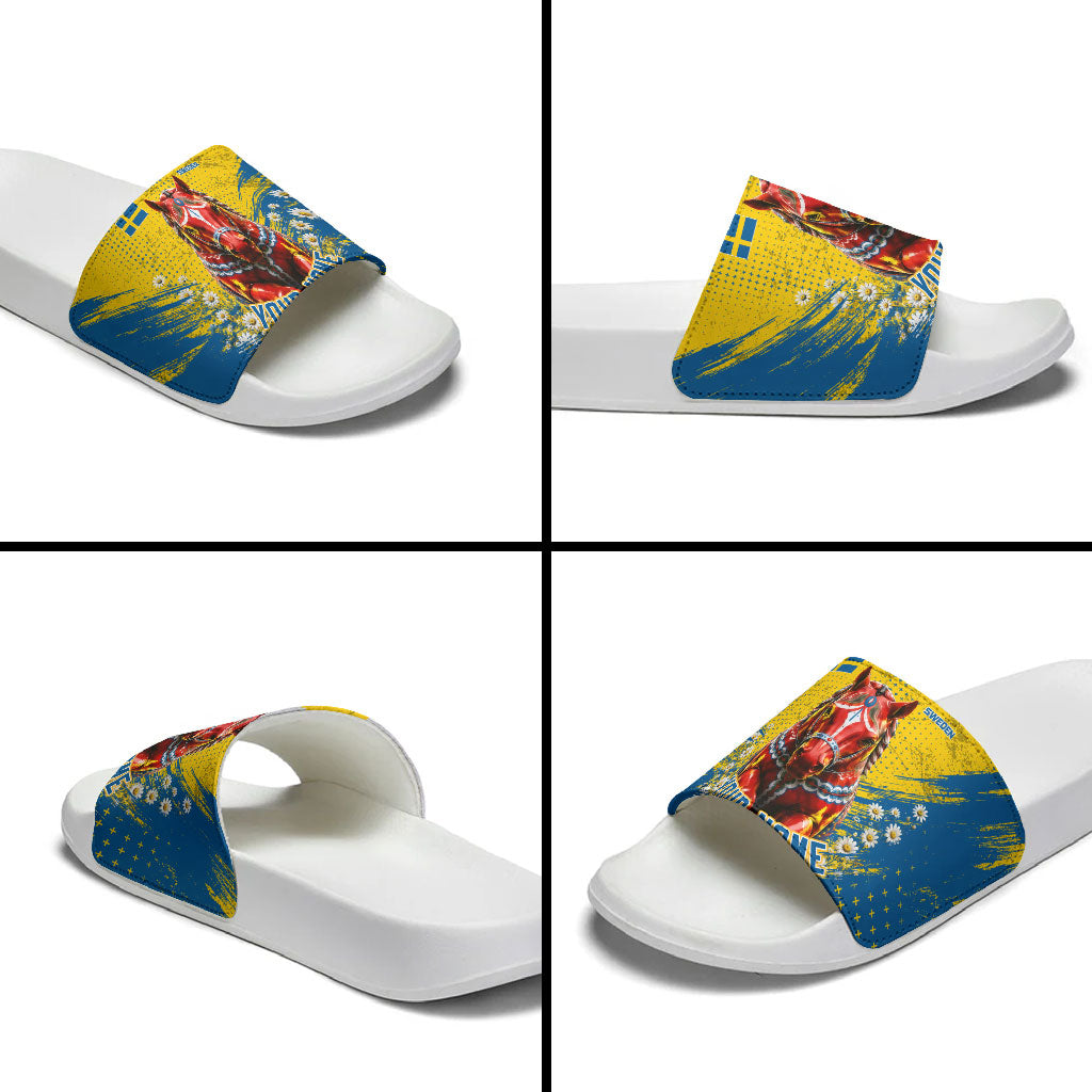 Personalized Sweden Dala Horse Soccer Slide Sandals Grunge Swedish Flag Cheering Fans Floral