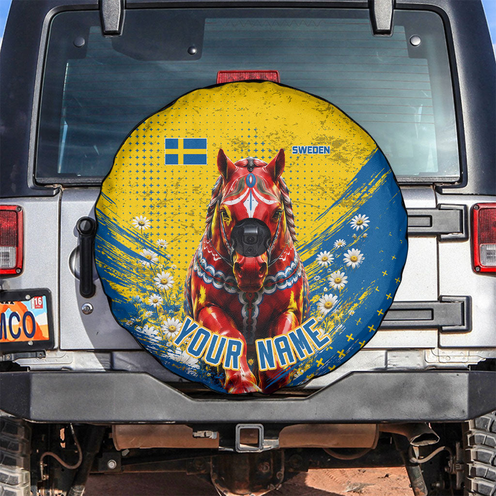 Personalized Sweden Dala Horse Soccer Spare Tire Cover Grunge Swedish Flag Cheering Fans Floral