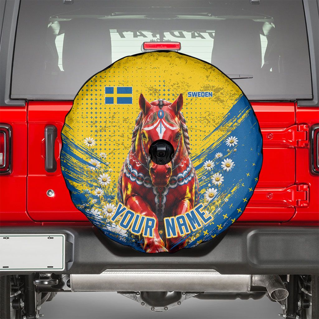Personalized Sweden Dala Horse Soccer Spare Tire Cover Grunge Swedish Flag Cheering Fans Floral