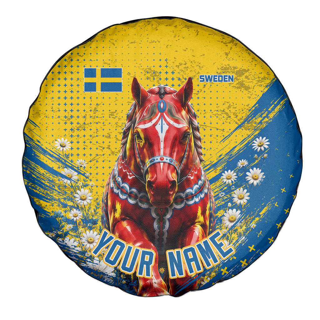 Personalized Sweden Dala Horse Soccer Spare Tire Cover Grunge Swedish Flag Cheering Fans Floral