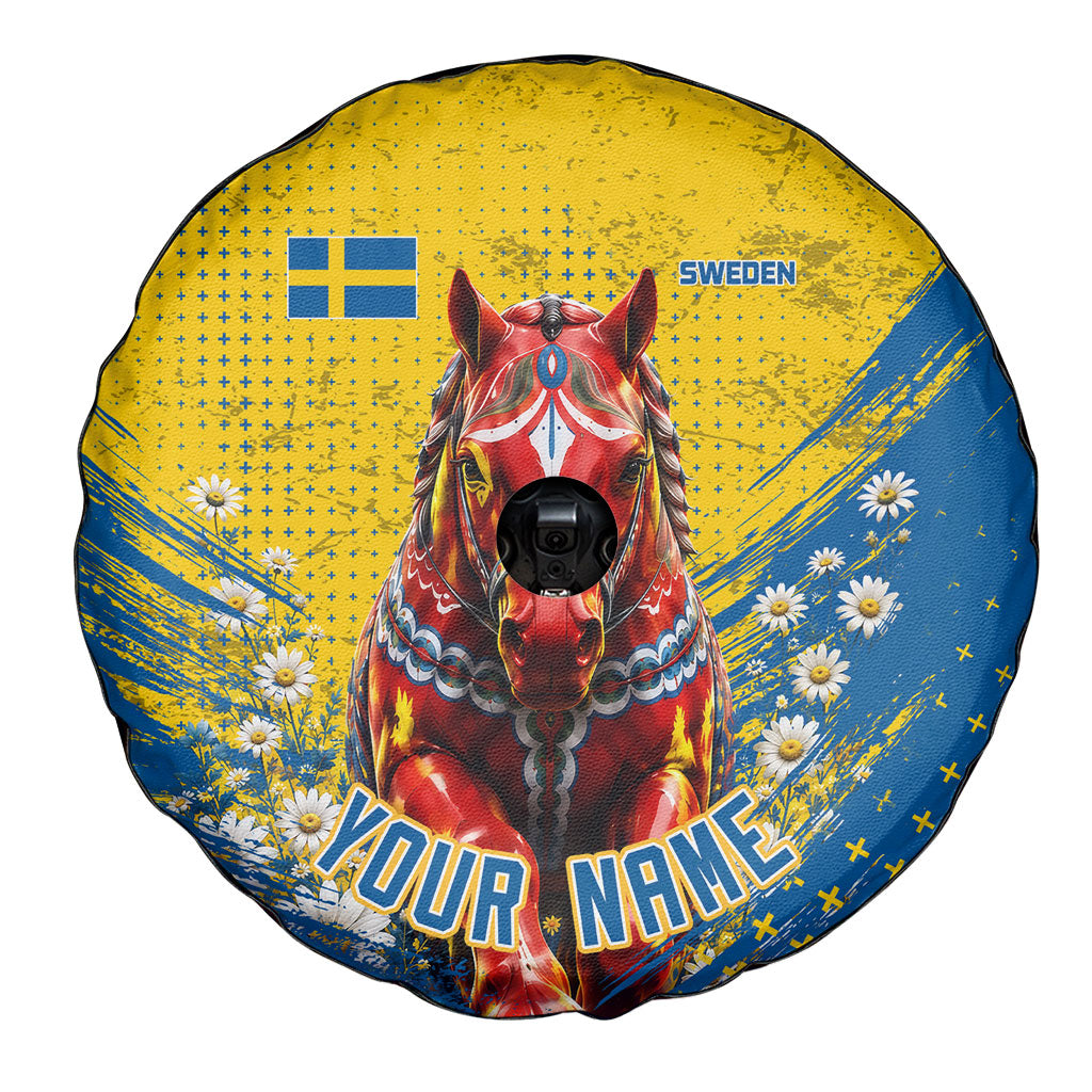Personalized Sweden Dala Horse Soccer Spare Tire Cover Grunge Swedish Flag Cheering Fans Floral