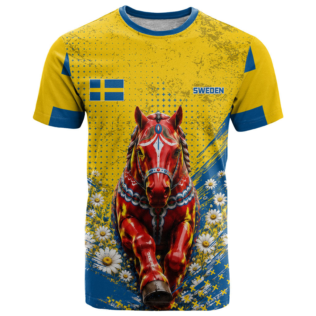 Personalized Sweden Dala Horse Soccer T Shirt Grunge Swedish Flag Cheering Fans Floral