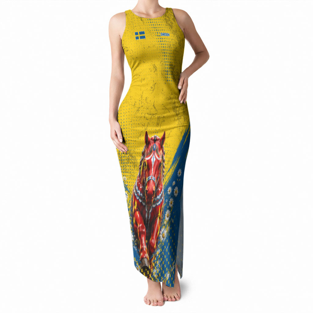 Personalized Sweden Dala Horse Soccer Tank Maxi Dress Grunge Swedish Flag Cheering Fans Floral