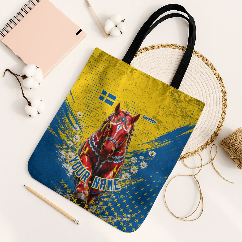 Personalized Sweden Dala Horse Soccer Tote Bag Grunge Swedish Flag Cheering Fans Floral