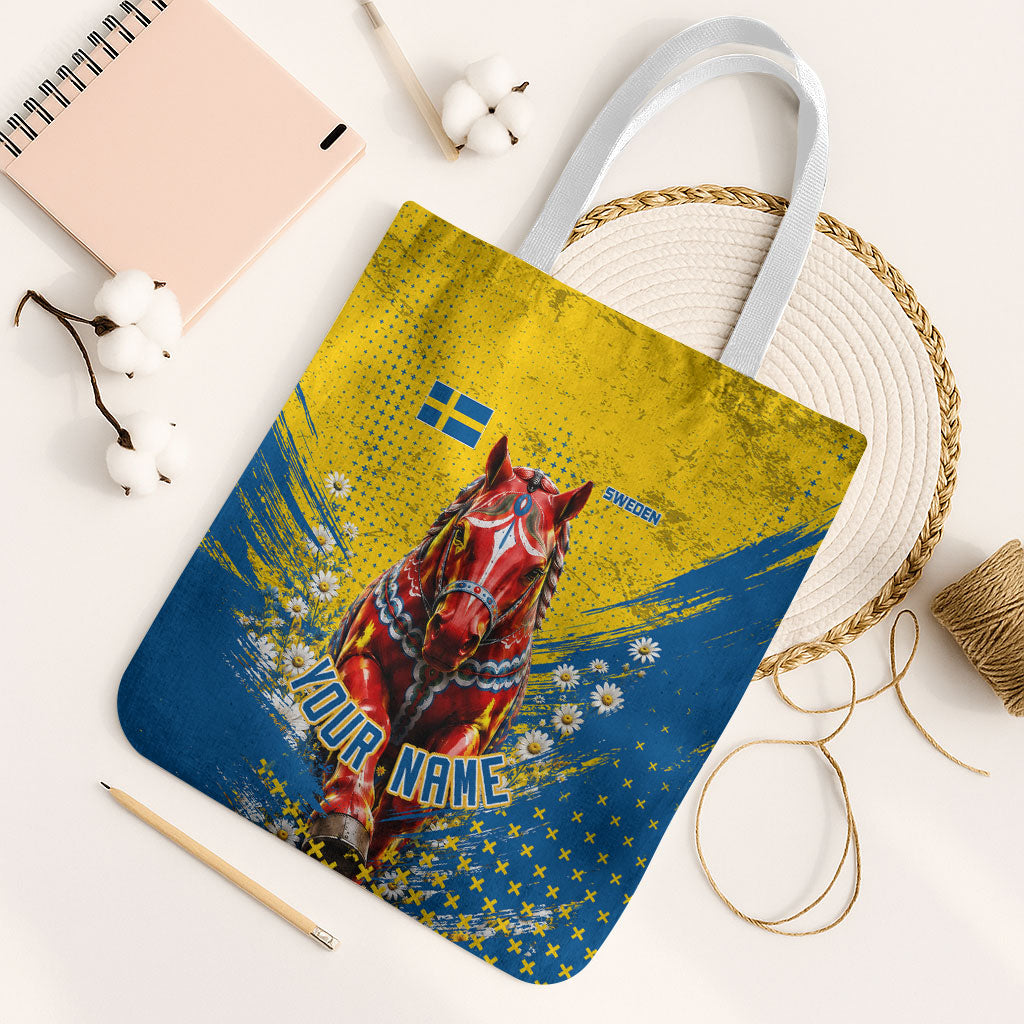 Personalized Sweden Dala Horse Soccer Tote Bag Grunge Swedish Flag Cheering Fans Floral