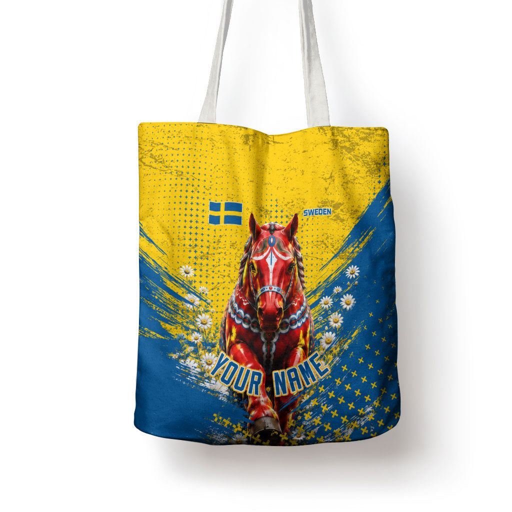 Personalized Sweden Dala Horse Soccer Tote Bag Grunge Swedish Flag Cheering Fans Floral