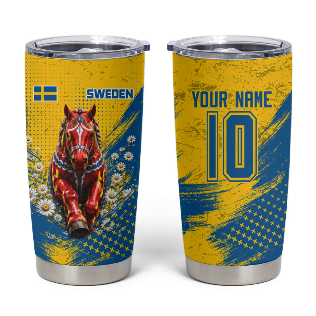 Personalized Sweden Dala Horse Soccer Tumbler Cup Grunge Swedish Flag Cheering Fans Floral