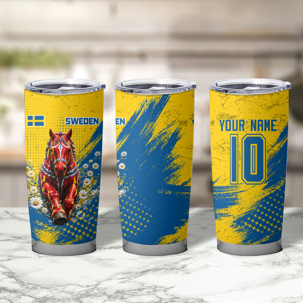 Personalized Sweden Dala Horse Soccer Tumbler Cup Grunge Swedish Flag Cheering Fans Floral