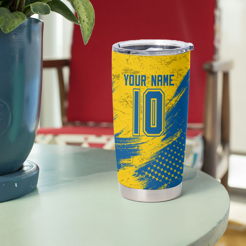Personalized Sweden Dala Horse Soccer Tumbler Cup Grunge Swedish Flag Cheering Fans Floral