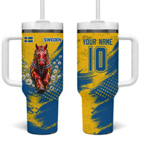 Personalized Sweden Dala Horse Soccer Tumbler With Handle Grunge Swedish Flag Cheering Fans Floral