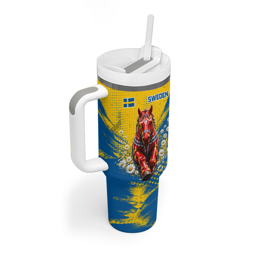 Personalized Sweden Dala Horse Soccer Tumbler With Handle Grunge Swedish Flag Cheering Fans Floral