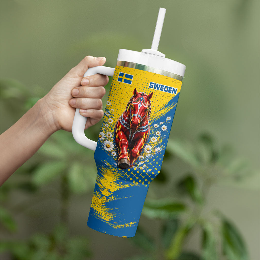 Personalized Sweden Dala Horse Soccer Tumbler With Handle Grunge Swedish Flag Cheering Fans Floral
