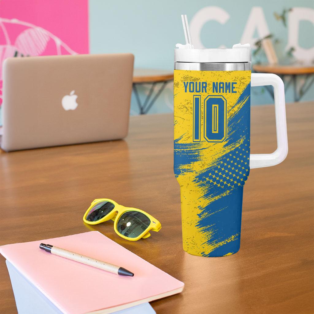 Personalized Sweden Dala Horse Soccer Tumbler With Handle Grunge Swedish Flag Cheering Fans Floral