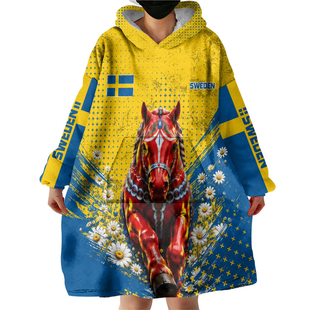 Personalized Sweden Dala Horse Soccer Wearable Blanket Hoodie Grunge Swedish Flag Cheering Fans Floral